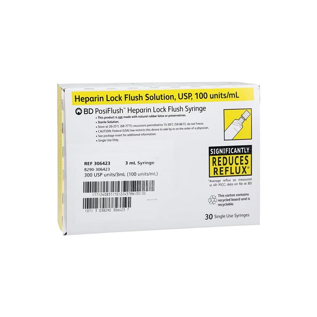 3mL - BD306423 PosiFlush Heparin Lock Flush Syringe 100 USP units/ml, Box of 30