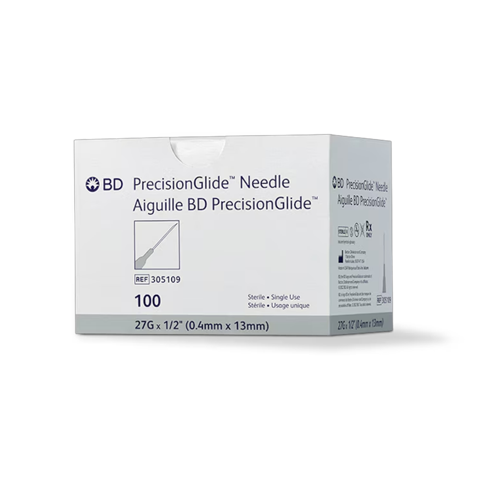 BD PrecisionGlide Hypodermic Needle Sterile, 27G x 1/2 in. Gray Hub