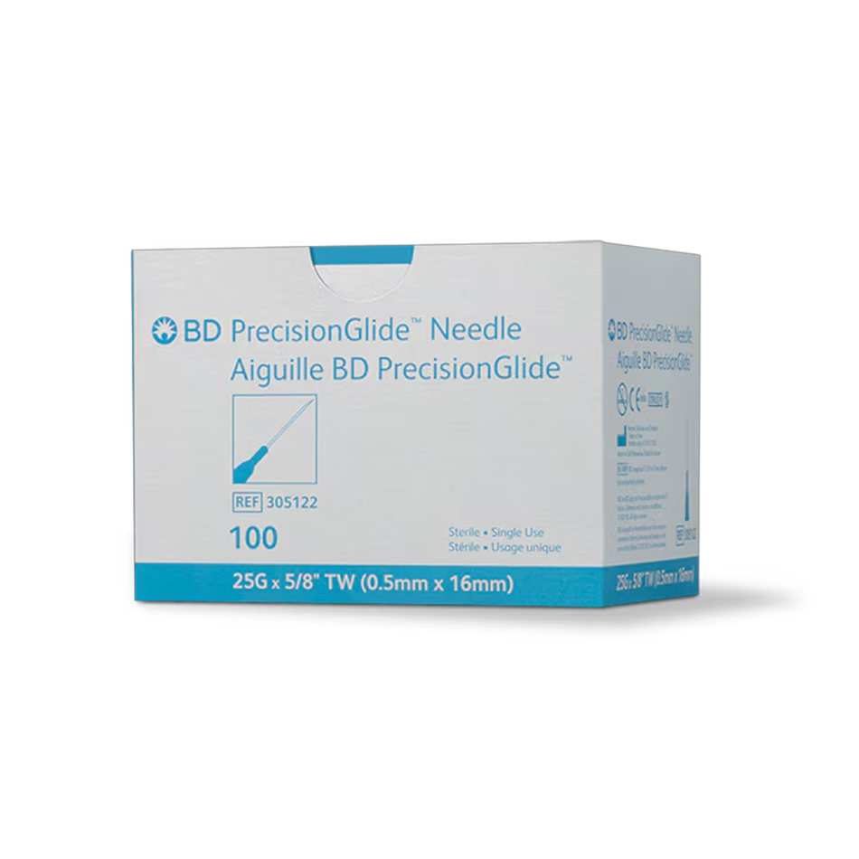 Box of BD PrecisionGlide needles on a white background