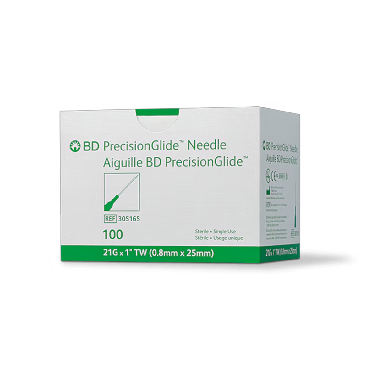 BD 305165 PrecisionGlide Needle 21G x 1 in sterile medical needle Box