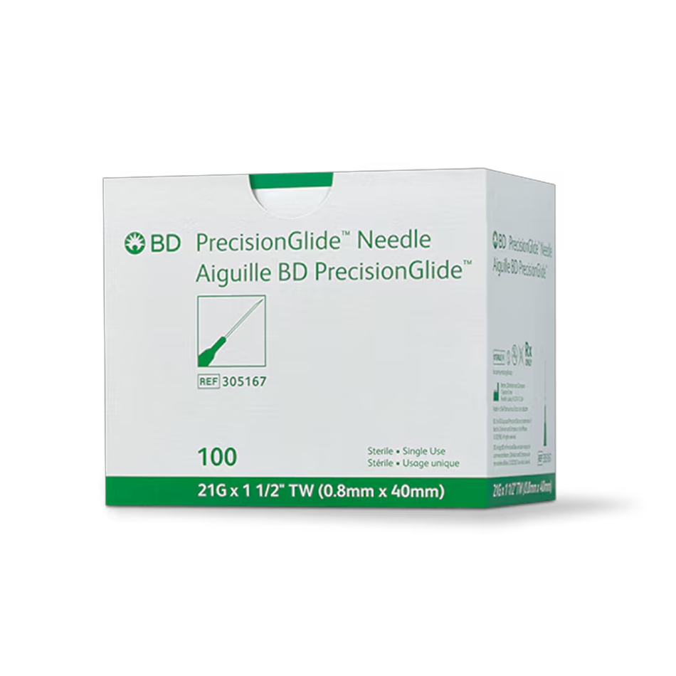 BD PrecisionGlide Hypodermic Needle Sterile, 21G x 1-1/2 in. Green Hub