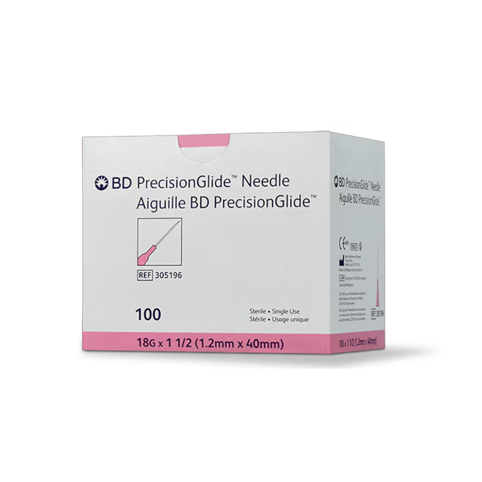 BD PrecisionGlide Hypodermic Needle Sterile, 18G x 1-1/2 in. Pink Hub