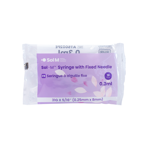 Sol-M Cosmetic 0.3ml Syringe w/ 31G x 8mm Fixed Needle *PE Bags