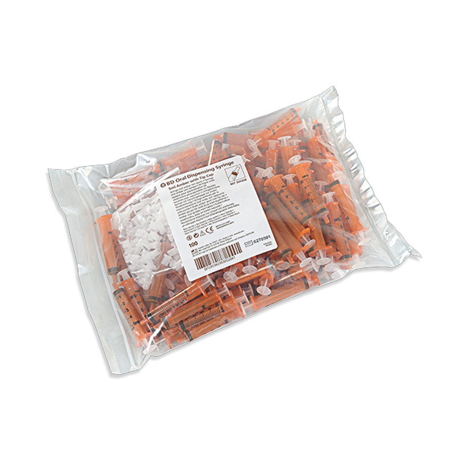 BD Amber Oral Dispensing Syringe Single Use, 5 mL with Tip Cap