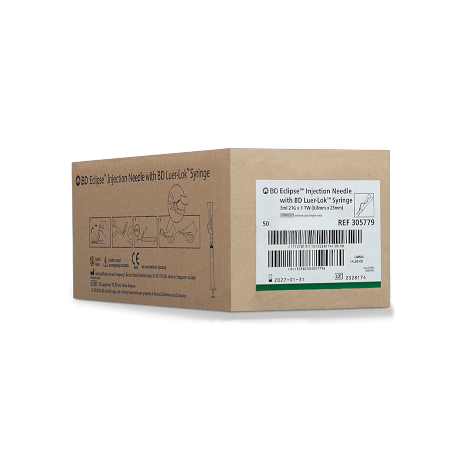 3 mL Luer-Lok Syringe w/ 21G x 1 in. Detachable Eclipse Needle