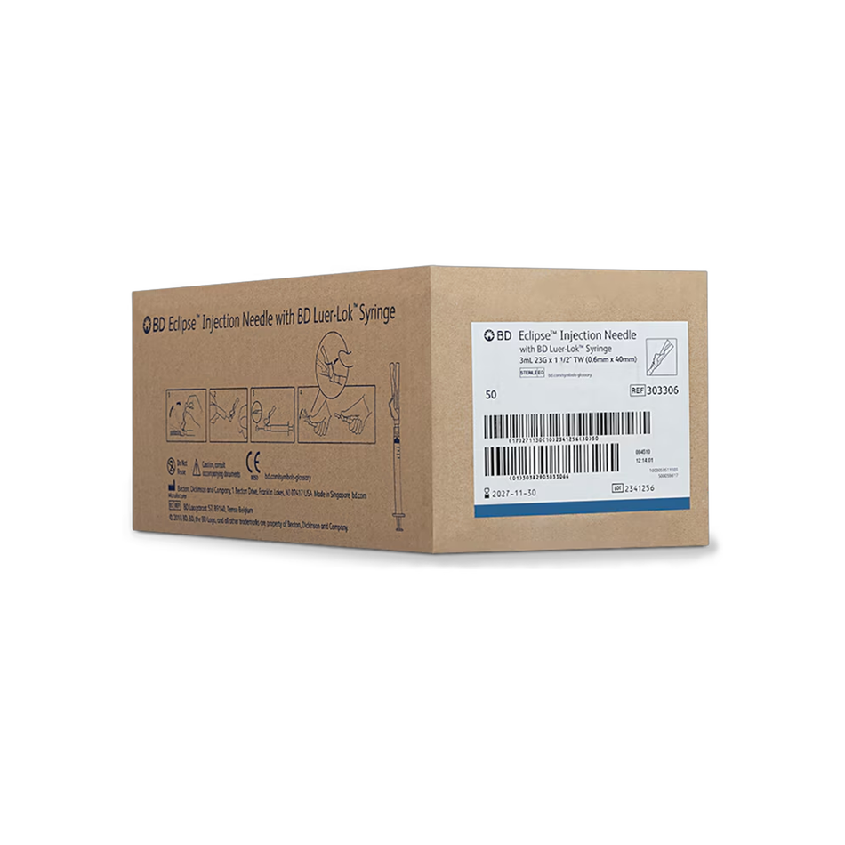3 mL Luer-Lok Syringe w/ 23G x 1-1/2 in. Detachable Eclipse Needle