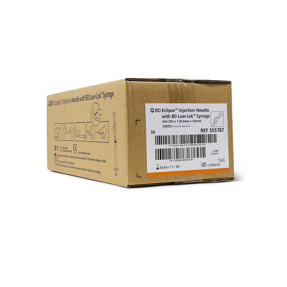 3 mL Luer-Lok Syringe w/ 25G x 1 in. Detachable Eclipse Needle