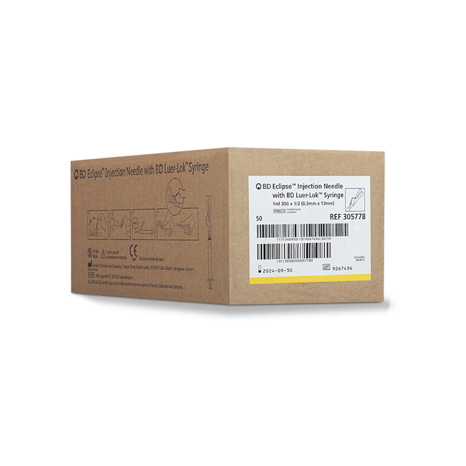 1 mL Luer-Lok Syringe w/ 30G x 1/2 in. Detachable Eclipse Needle