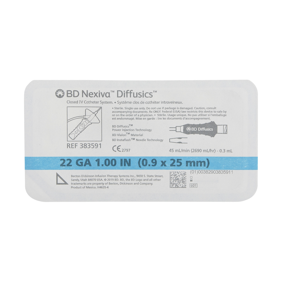 Nexiva Diffusics Closed IV Catheter System, 22G x 1.00 in. (0.9 mm x 25 mm) Blue