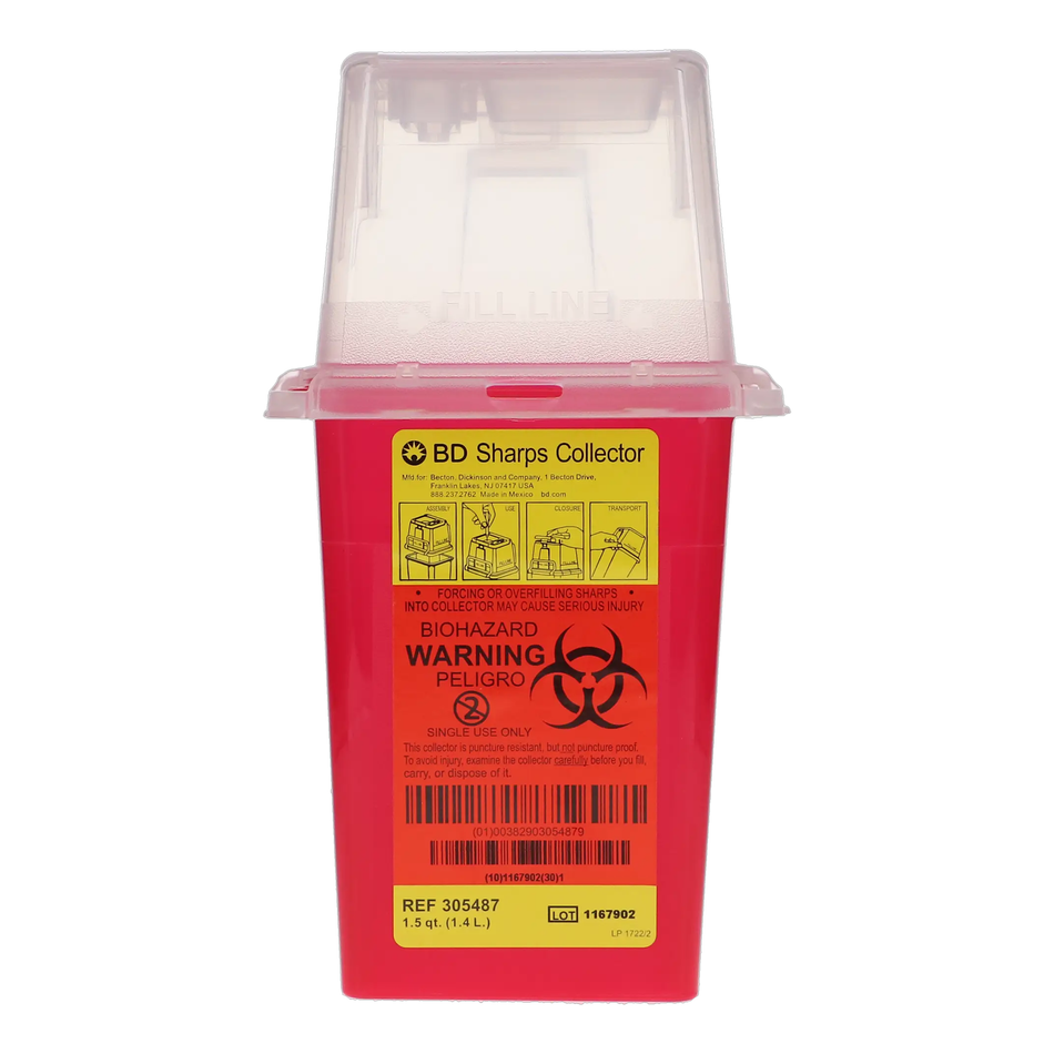 BD Phlebotomy Sharps Container Hinge Cap with Needle Port, 1.5 qt. (1.4 L) Red