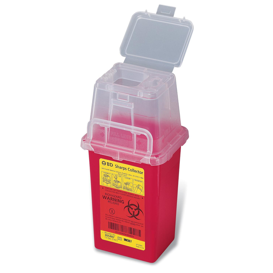 BD Phlebotomy Sharps Container Hinge Cap with Needle Port, 1.5 qt. (1.4 L) Red