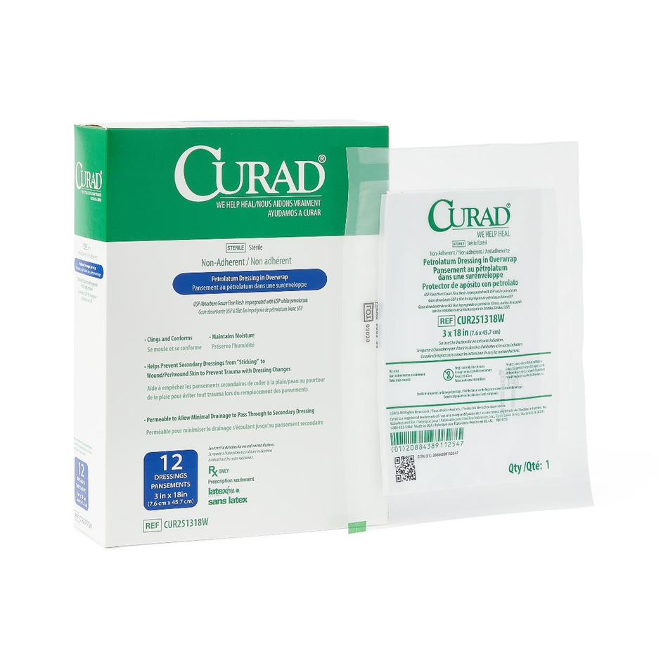 CURAD Non-Adhesive Sterile Overwrap Petrolatum Gauze, 3" x 18" (7.5 x 45 cm)