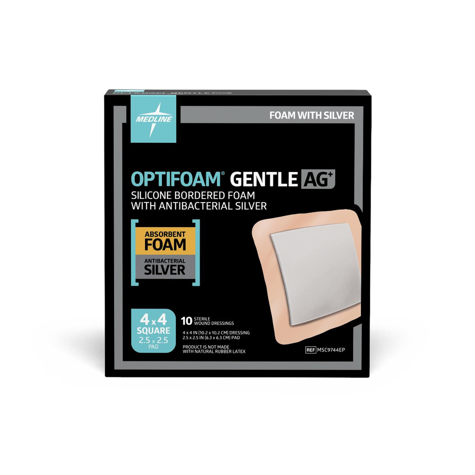 Optifoam Gentle AG+ Wound Dressing w/ Silicone Adhesive Border, 4" x 4" (10 x 10 cm)