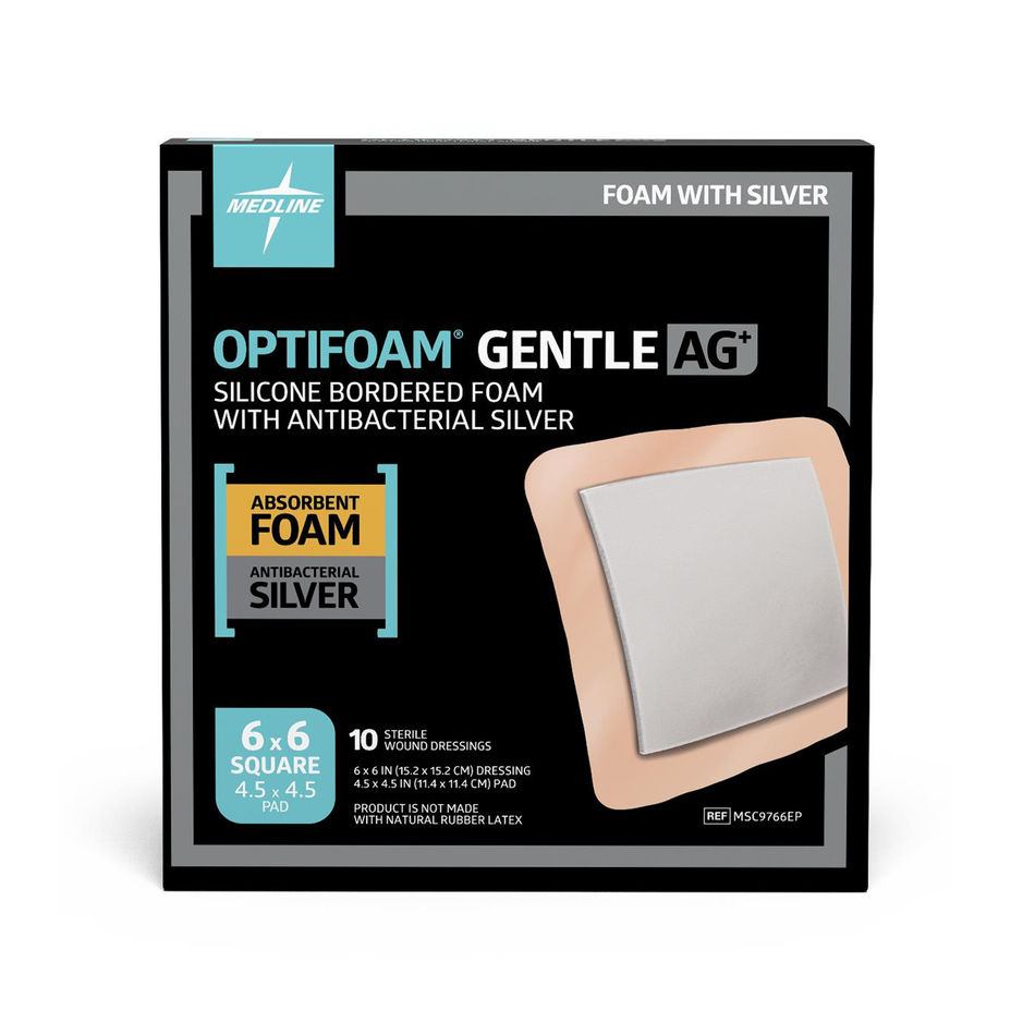 Optifoam Gentle AG+ Wound Dressing w/ Silicone Adhesive Border, 6" x 6" (15 x 15 cm)