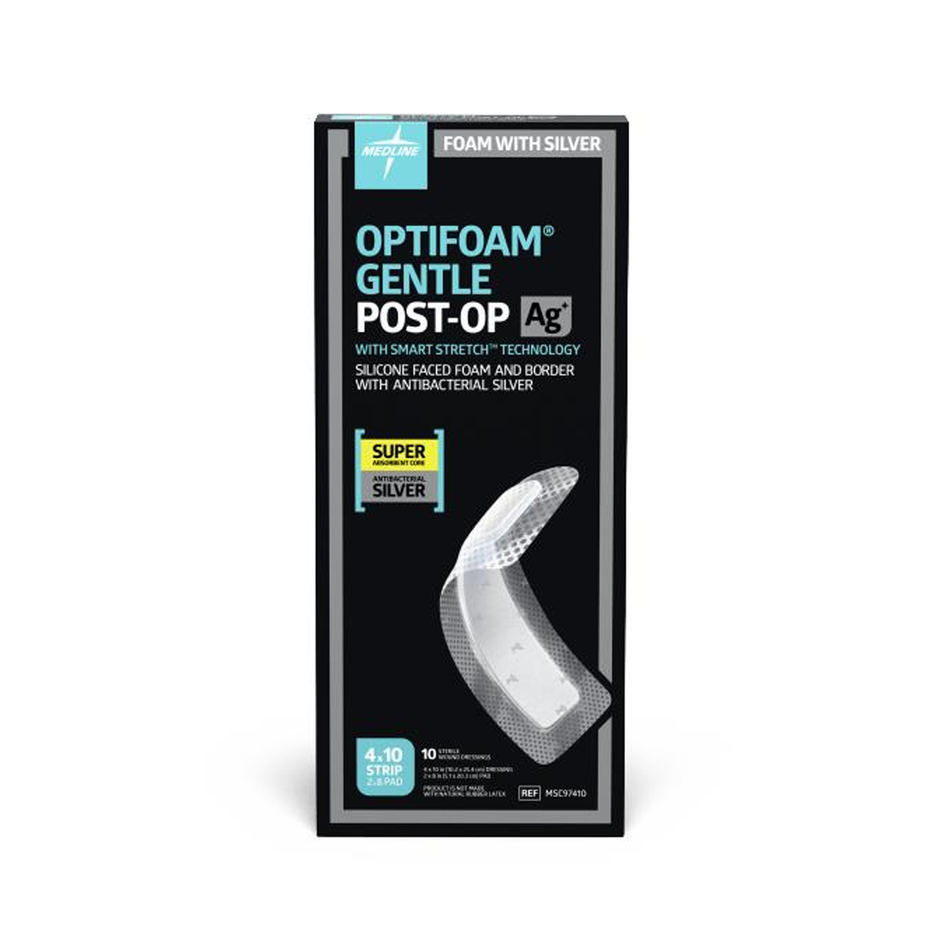 Optifoam Gentle Ag Silver Silicone Adhesive Foam Dressing w/ Border, 4" x 10" (10 x 25 cm)