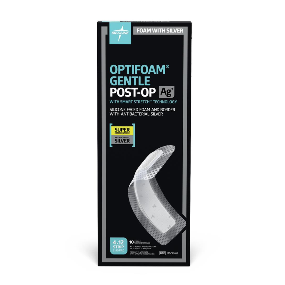 Optifoam Gentle Ag Silver Silicone Adhesive Foam Dressing w/ Border, 4" x 12" (10 x 30 cm)
