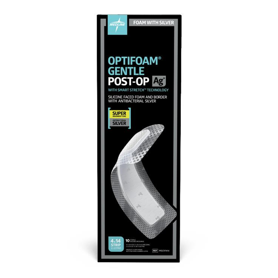 Optifoam Gentle Ag Silver Silicone Adhesive Foam Dressing w/ Border, 4" x 14" (10 x 35 cm)