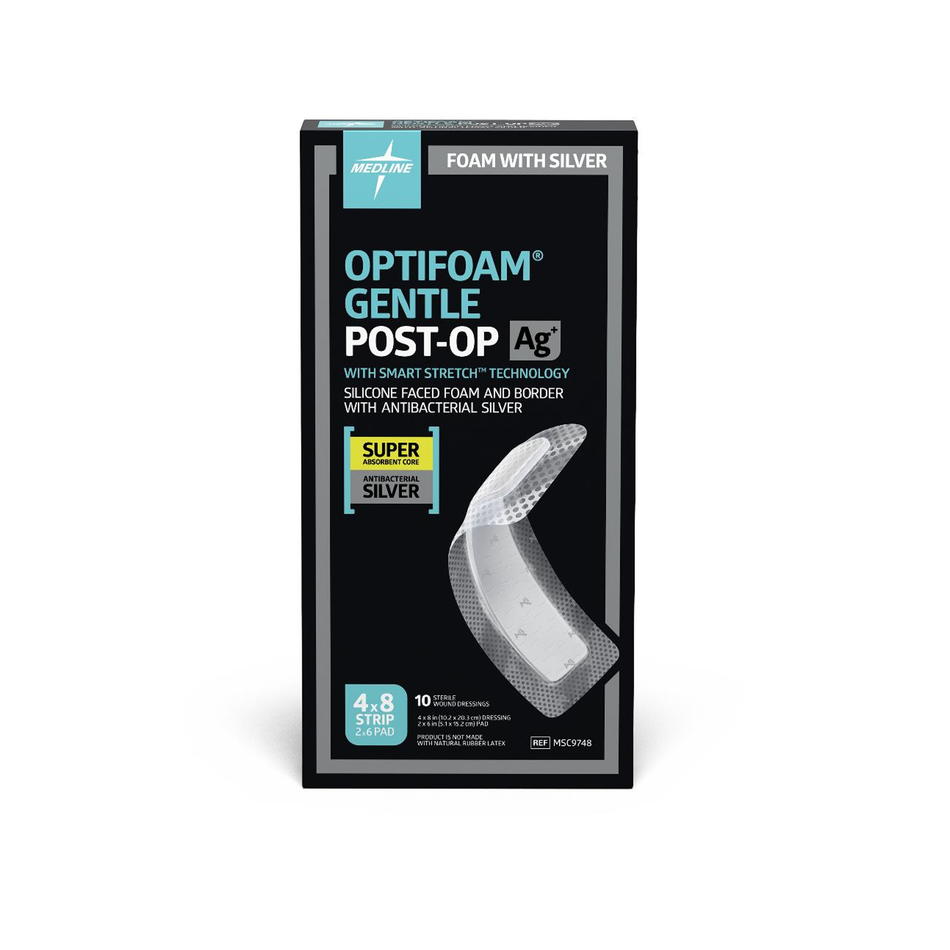Optifoam Gentle Ag Silver Silicone Adhesive Foam Dressing w/ Border, 4" x 8" (10 x 20 cm)