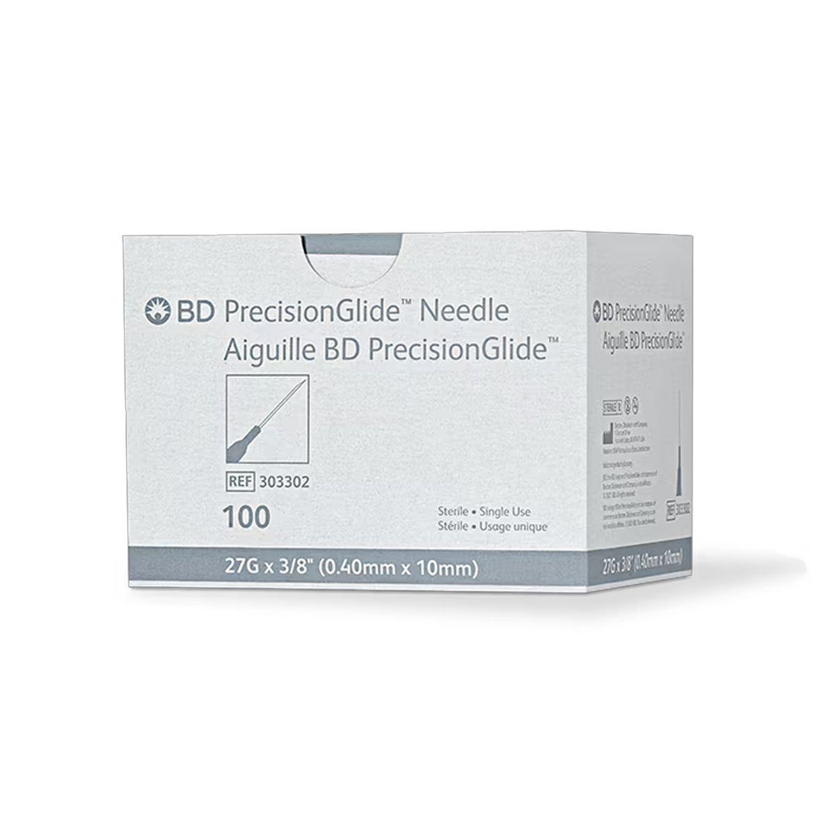 Box of BD PrecisionGlide needles on a white background