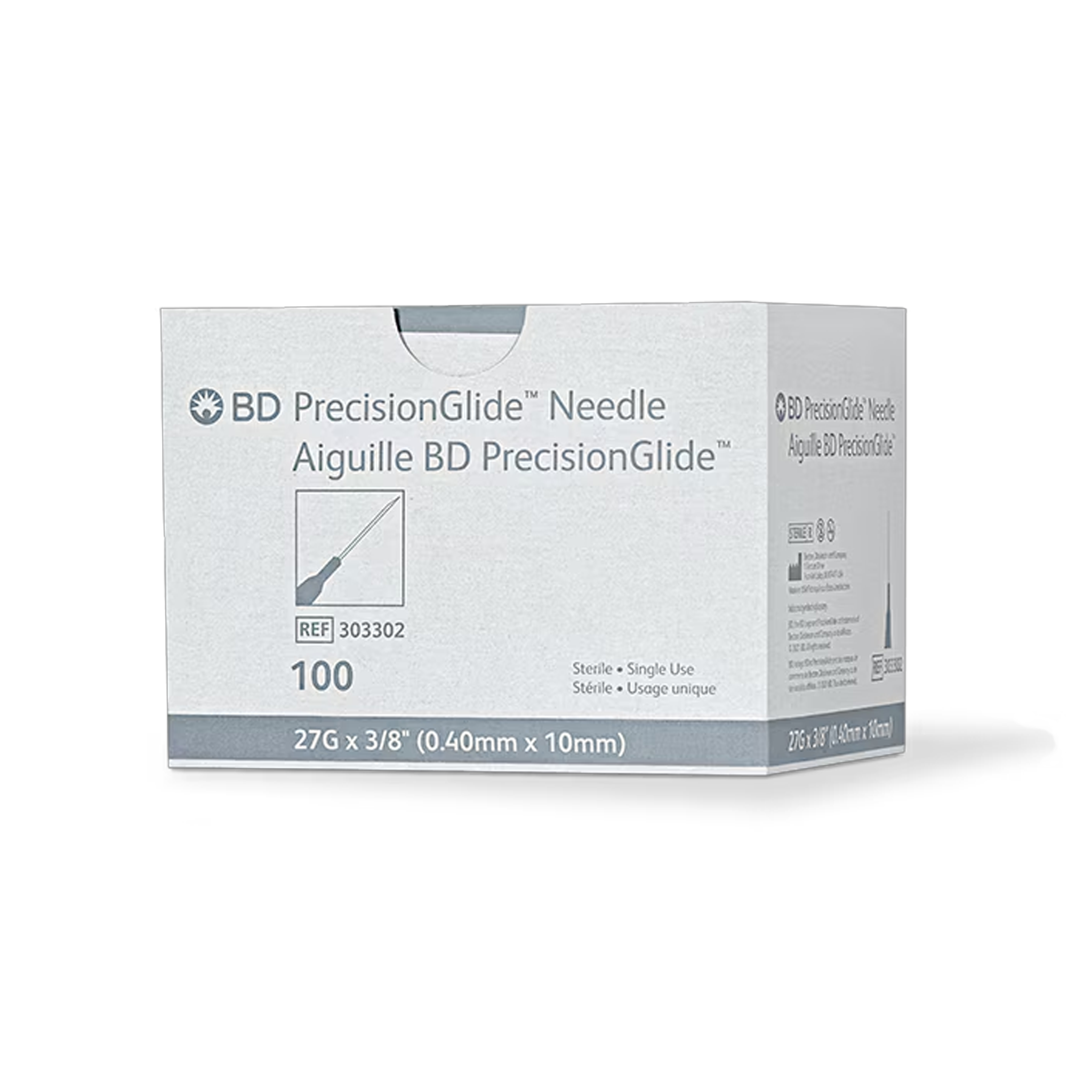 Box of BD PrecisionGlide needles on a white background