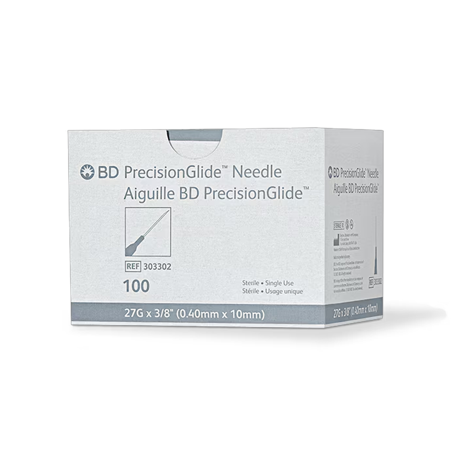 Box of BD PrecisionGlide needles on a white background