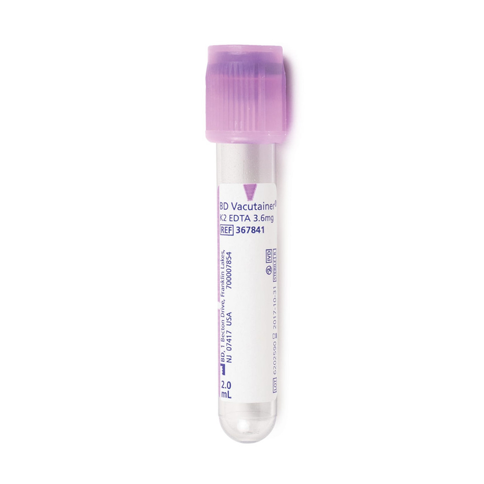 BD Vacutainer EDTA Plastic Blood Collection Tubes, 2.0 mL 13x75, Lavender Hemogard Closure