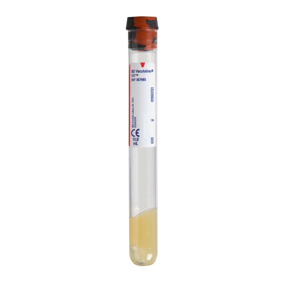 BD Vacutainer SST Plastic Blood Collection Tubes, 10.0 mL 16x125, Red/Gray Conventional Closure