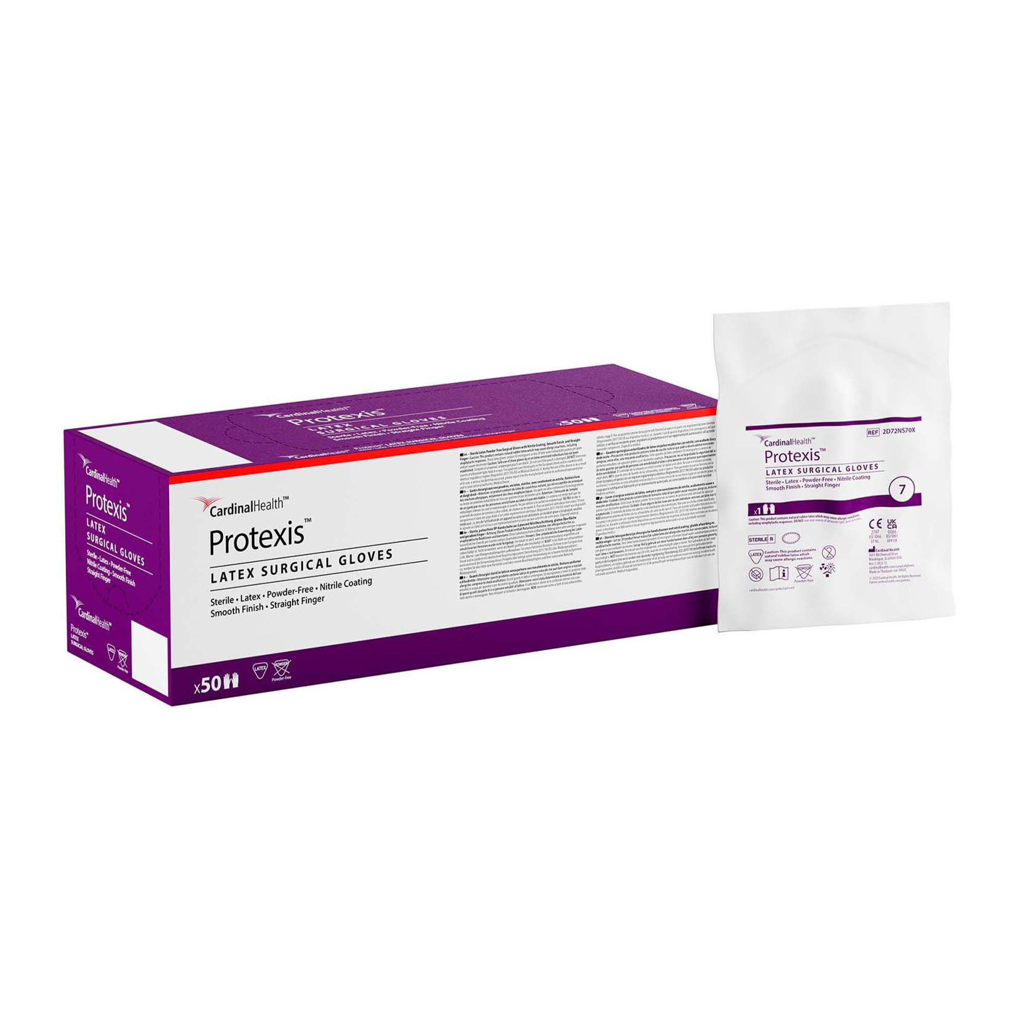 Box and individual package of Protexis latex surgical gloves on a white background