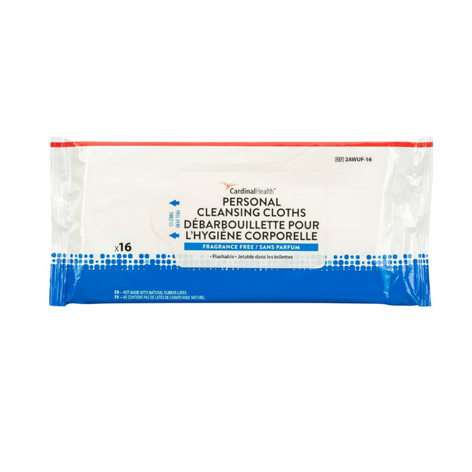 Cardinal Health Flushable Personal Cleansing Cloths Fragrance-Free, 8" x 12" (20 x 30 cm) 16 Wipes per Softpack