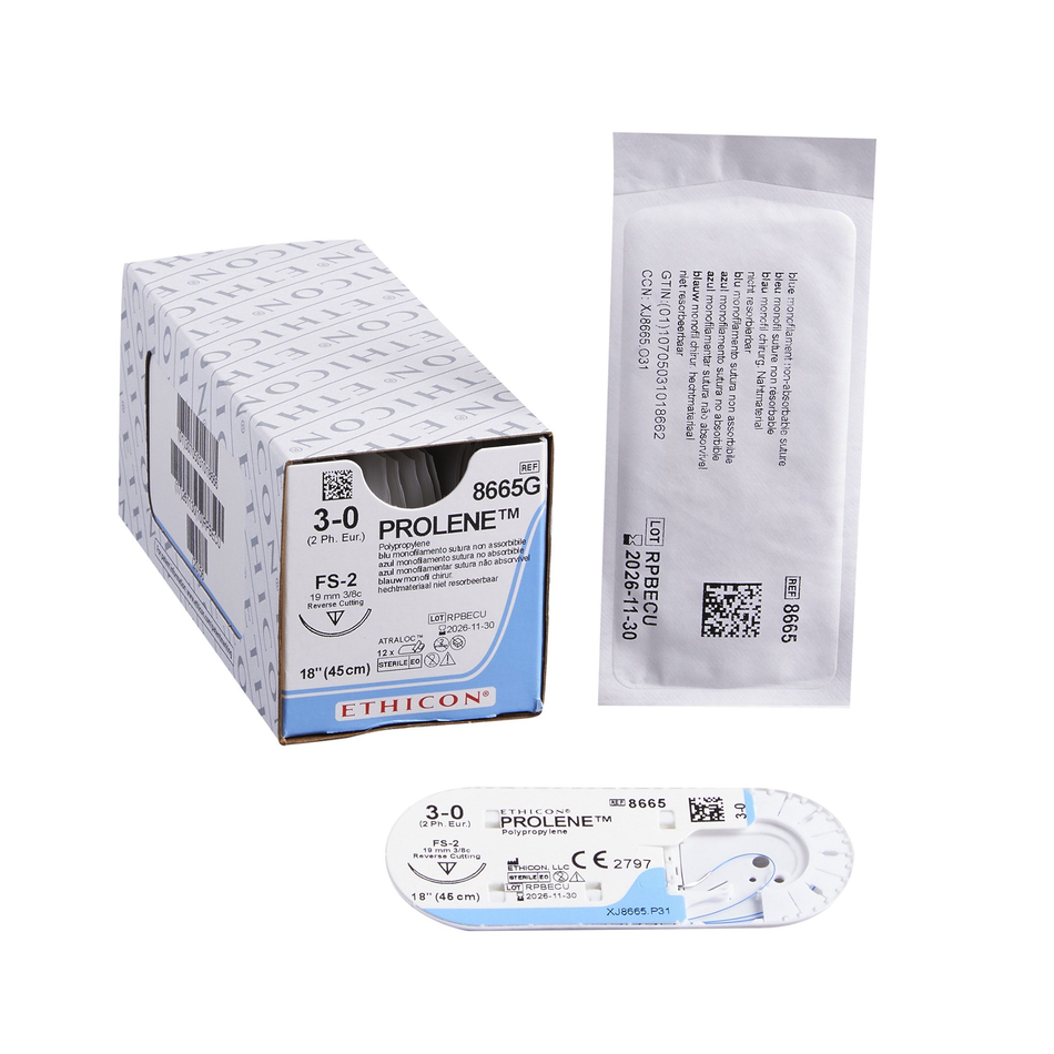 Ethicon Prolene Polypropylene Suture, Size 3-0, 18 in. Length, FS-2 19mm 3/8c Reverse Cutting, Blue Monofilament