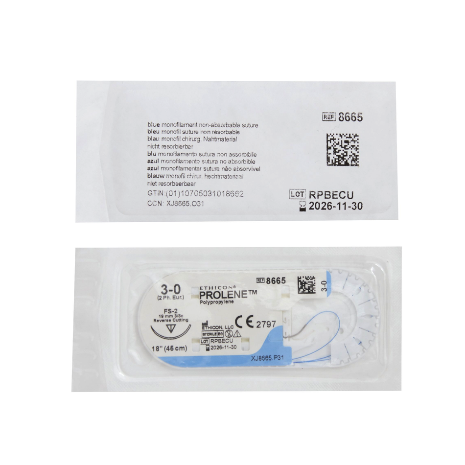 Ethicon Prolene Polypropylene Suture, Size 3-0, 18 in. Length, FS-2 19mm 3/8c Reverse Cutting, Blue Monofilament